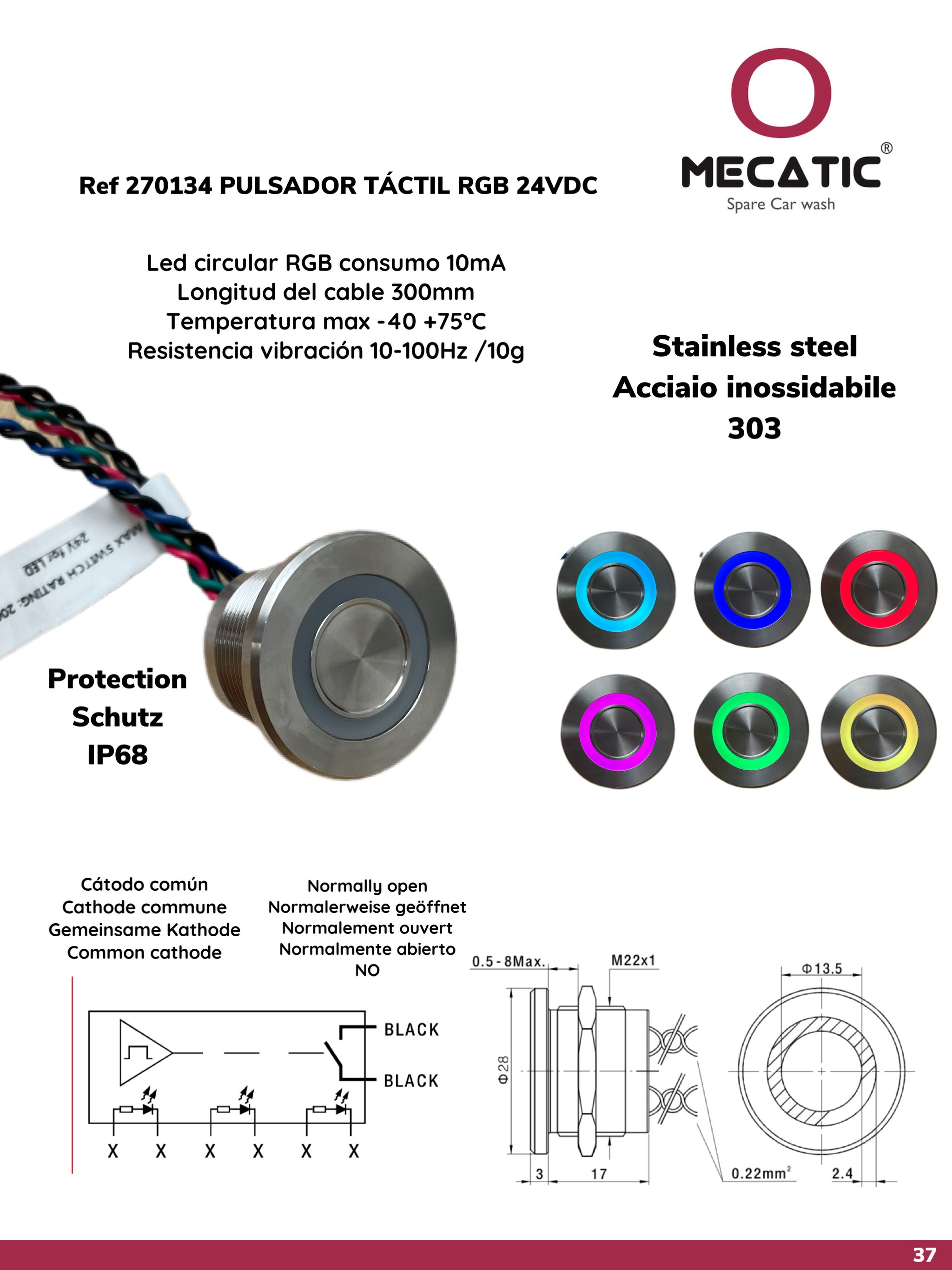 Pulsador táctil RGB 24vdc inox